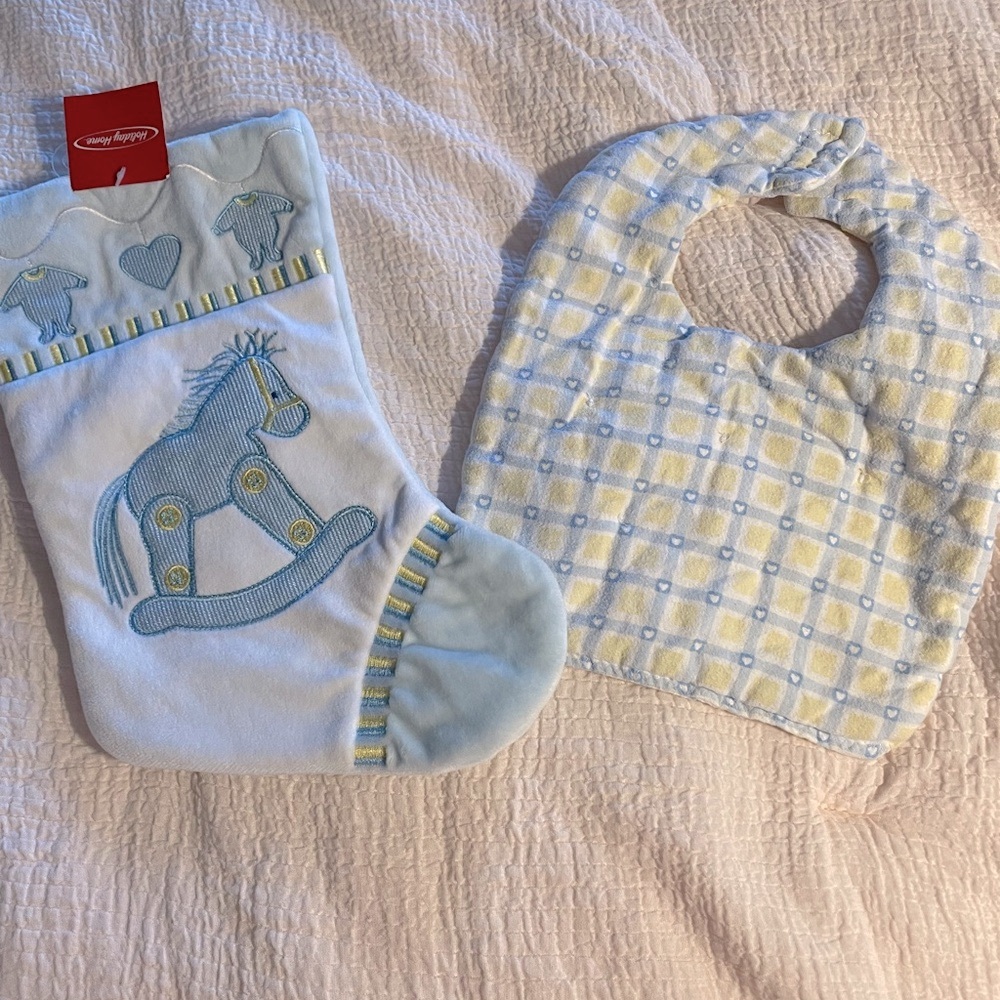 Holiday Home baby boy Christmas stocking (NWT) and handmade flannel bib